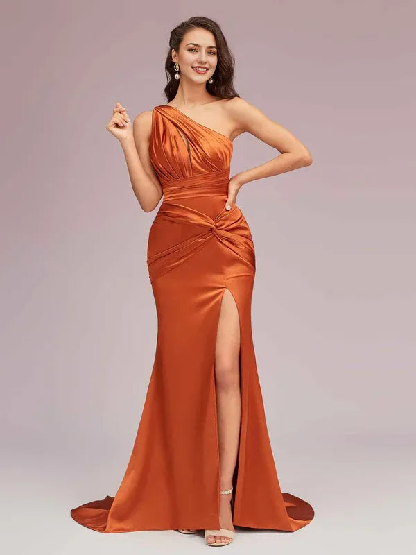 Robe longue sirène sexy à une épaule et fente latérale en satin doux, robe de soirée sans manches